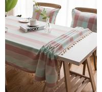 Tovaglia in poliestere a righe tricolore, 140 x 220 cm, per 6-8 posti, stile casale con frange, perfetta per sala da pranzo e cucina