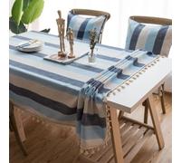 Tovaglia in poliestere a righe tricolore, 140 x 220 cm, per 6-8 posti, stile casale, con frange, perfetta per sala da pranzo e cucina, facile da pulire, 140 x 220 cm