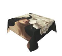 Tovaglia lavabile con peonie bianche sulla testa di donna, tovaglia decorativa per cucina, 152,4 x 152,4 cm