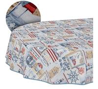 Tovaglia lavabile, effetto loto, facile da pulire, in cotone e poliestere, antimacchia, per esterni, stile marittimo, ovale, 180 x 140 cm, con nastro a pistagna