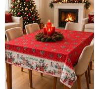 Tovaglia Natalizia 12 Posti e 6 Posti Antimacchia per Tavola di Natale | Agrifoglio Stelle e Bastoncini, Fantasia Rossa Nevicata, Rettangolare Elegante, 100% Poliestere, Stampa su Un Lato
