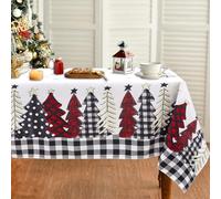 Tovaglia Natalizia Bianca 6 Posti 180x140cm, Poliestere Natale Tovaglia Antimacchia, Sottopiatti Natale Stampata Con Fiocchi Di Neve e Pini, Decorazioni Natalizie Per La Casa Centro Tavola Natalizio