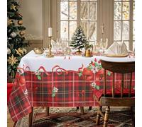 Tovaglia Natalizia Rettangolare 12 Posti 140x240 cm Stampa Digitale Tartan Fiocchi Tessuto Resistente per Tavola di Natale - Idea Regalo