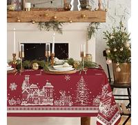 Tovaglia natalizia rettangolare, 152 x 213 cm, con albero di Natale, alce, Babbo Natale, fiocco di neve, in poliestere, impermeabile, resistente alle pieghe, durevole, per vacanze, cucina, inverno e