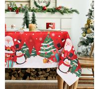 Tovaglia Natalizia Rossa 6 Posti 180x140cm, Poliestere Natale Tovaglia Antimacchia, Sottopiatti Natalizi Stampata Con Pupazzo Di Neve e Pino, Decorazioni Natalizie Per La Casa Centro Tavola Natalizio