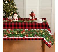 Tovaglia Natalizia Rossa 6 Posti 180x140cm, Poliestere Natale Tovaglia Antimacchia, Sottopiatti Natalizi Stampata Con Plaid e Rami Di Pino, Decorazioni Natalizie Per La Casa Centro Tavola Natalizio