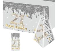 Tovaglia per 21° Compleanno Happy Birthday - Argento e Oro, Decorazione da Tavolo, 137 x 274 cm, Rettangolare, Impermeabile