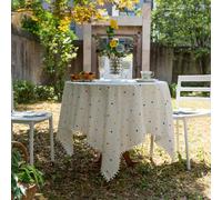 Tovaglia Piccola in Cotone per Tavolo Rotondo, tovaglia Rustica con Stampa a Pois Colorati e Nappe con Pompon, Antipolvere, Decorativa per Feste di Compleanno, Festival, Picnic, Matrimonio,
