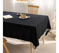 Tovaglia resistente in cotone e lino, 140 x 220 cm, resistente alla polvere, con pompon, perfetta per cucina e sala da pranzo, decorazione per la tavola della fattoria, elegante accessorio per la casa