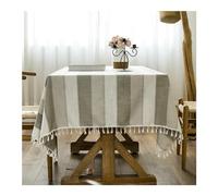 Tovaglia rettangolare 140 x 180 cm, lavabile, in poliestere, motivo a righe, con nappe, grigio chiaro, beige, ideale per cucina, sala da pranzo, Ringraziamento, decorazione natalizia