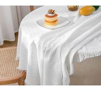 Tovaglia rettangolare 90 x 210 cm lavabile in cotone e lino lavorato a maglia, colore bianco, con pompon, antimacchia, per sala da pranzo, decorazione per la casa