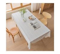 Tovaglia rettangolare beige, 90 x 90 cm, in poliestere lavabile con strisce ricamate e nappe, perfetta per la decorazione della cucina e del tavolo da pranzo