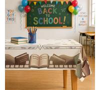Tovaglia rettangolare con libri e matite educative, con testo in inglese "Back to Campus", in tessuto bianco, lavabile, riutilizzabile, per cene, feste, per cucina, banchetti e picnic, 140 x 218 cm
