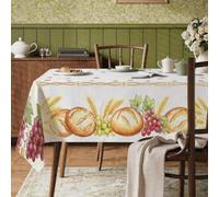 Tovaglia rettangolare con pane, per il Ringraziamento, rustico, uva grano e grano, in tessuto giallo caldo, lavabile, riutilizzabile, decorazione per cucina, banchetto, campeggio, feste, 89 x 130 cm