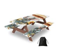 Tovaglia rettangolare da picnic con copertura per panche, 3 pezzi, grazioso elefantino sotto l'ombrello, impermeabile, antivento, con bordi elastici, 182,9 cm