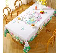 Tovaglia rettangolare pasquale, tovaglia primaverile floreale e coniglietto in poliestere resistente alla polvere e alle pieghe, decorazione per vacanze, cucina, sala da pranzo (132 x 178 cm)