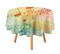 Tovaglia rotonda con musica ad anni '70 e '80, 70 pollici, per tavolo da pranzo, cucina, tovaglia rotonda con stampe di note musicali pentatoniche, geometriche e colorate, rustiche.