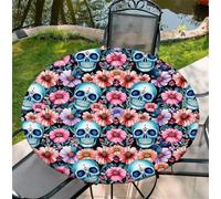 Tovaglia rotonda da esterno con elastico Ø 44in（110cm）Tovaglia da giardino elastica con Teschio tra i fiori Modello, Per i picnic, la cucina e la casa