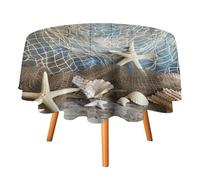 Tovaglia rotonda estiva astratta con conchiglie da spiaggia, 50 pollici, per tavolo da pranzo, tovaglia rotonda moderna con tema nautico, rete da pesca, stelle marine e oceano.