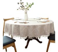 Tovaglia rotonda in lino e cotone pesante con frange, per decorazioni da tavolo per cucina e sala da pranzo, rotonda, 78"""" beige
