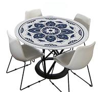 Tovaglia rotonda per esterni, 120 cm, elastica, rotonda, lavabile, idrorepellente, effetto loto, colore grigio, con mandala, ideale per 100-110 cm, blu/bianco)