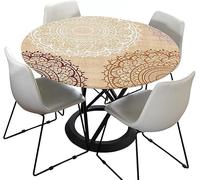 Tovaglia rotonda per esterni, 120 cm, elastica, rotonda, lavabile, idrorepellente, effetto loto, colore grigio, con mandala, ideale per 100-110 cm, beige)