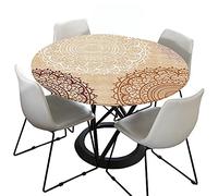 Tovaglia rotonda per esterni, 120 cm, elastica, rotonda, lavabile, idrorepellente, effetto loto, colore grigio, con mandala, ideale per 50-60 cm, beige)