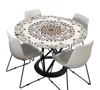 Tovaglia rotonda per esterni, 120 cm, elastica, rotonda, lavabile, idrorepellente, effetto loto, grigio, mandala, table Cloth (ideale per 80-90 cm, colori crema)