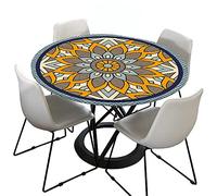 Tovaglia rotonda per esterni, 120 cm, elastica, rotonda, lavabile, impermeabile, effetto loto, colore grigio, con mandala, ideale per 100-110 cm, giallo e blu)