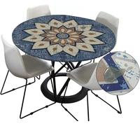 Tovaglia rotonda per esterni, 120 cm, elastica, rotonda, lavabile, impermeabile, effetto loto, colore grigio, con mandala, ideale per 100-110 cm, blu)