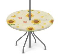 Tovaglia rotonda per esterni con foro per ombrello, girasoli, stelle e cuori, impermeabile, per patio, picnic, campeggio, essenziale per tavoli da 114,3-142,2 cm