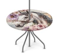 Tovaglia rotonda per esterni con foro per ombrello, motivo floreale, con stampa vintage di cavalli, acquerelli, impermeabile, per patio, picnic, campeggio, essenziale per tavoli da 114,3-142,2 cm