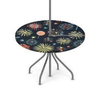 Tovaglia rotonda per esterni con foro per ombrello, per celebrare le vacanze con fuochi d'artificio colorati, impermeabile, per patio, picnic, campeggio, essenziale per tavoli da 91,4 a 111,8 cm