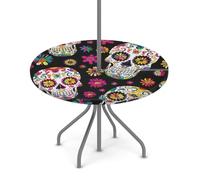 Tovaglia rotonda per esterni con foro per ombrello, teschio, Halloween, scheletro, floreale, giorno dei morti, impermeabile, per patio, picnic, campeggio, essenziale per tavoli da 91,4 a 111,8 cm