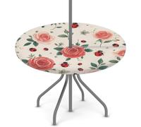Tovaglia rotonda per esterni, con foro per ombrello, vintage, con rose e coccinelle, impermeabile, per patio, picnic, campeggio, essenziale per tavoli da 114,3-142,2 cm