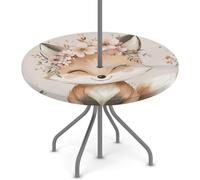 Tovaglia rotonda per esterni con foro per ombrello, volpe carina con fiori in stile cartone animato, impermeabile, per patio, picnic, campeggio, essenziale per tavoli da 114,3-142,2 cm