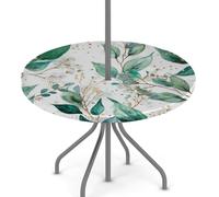 Tovaglia rotonda per esterni con foro per ombrellone e cerniera, motivo botanico con foglie e rami, tovaglia con elastico, impermeabile, facile da pulire, per tavoli da giardino da 114,3 a 142,2 cm
