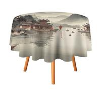 Tovaglia rotonda rustica con architettura giapponese a inchiostro, da 36 pollici, per tavolo da pranzo, tovaglia con paesaggio di cabina giapponese antica, estetica retrò, tovaglie rotonde