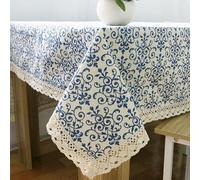 Tovaglia Stile Porcellana Blu e Bianca, Tovaglia da Tavolo Rettangolare Motivo Floreale Cinese retrò in Cotone e Lino, per Natalizia Feste, Compleanno, Matrimonio (140x180cm)
