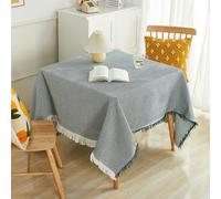 Tovaglia verde in cotone e lino, 90 x 90 cm, lavabile, antimacchia, con pompon, perfetta per sala da pranzo e tavolini da caffè, elegante decorazione per la casa