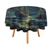 Tovaglie rotonde con nave pirata tropicale ad, da 50 pollici, moderne tovaglie a tema nautico con foglie di palma, nave pirata costiera, luna, per cucina, sala da pranzo, tovaglia rotonda