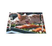 Tovaglietta in tessuto, 6 pezzi, resistente al calore, facile da pulire, adatta per feste all'aperto, decorazione casual da cucina, accessori da tavolo, 30,5 x 45,7 cm, motivo gatto che mangia pesce