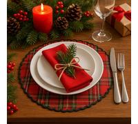 Tovaglietta Natalizia Rotonda con Motivo Scozzese Rosso e Verde, Decorazione Tavola Natale, Tessuto Intrecciato 35cm - Varzi dal 1956