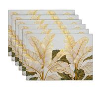 Tovaglietta Set di 6 Foglia Banana Lusso Tovagliette Lino Antiscivolo Tovagliette Americana Linee Dorate Lavabili, Resistenti al Calore Decorazion Tavolo da Cucina per Vacanze, Feste, Giallo Dorato