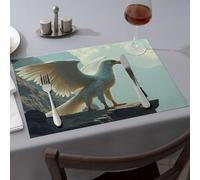 Tovagliette all'americana blu con un uccello bianco gigante che si trova su una scogliera con vista su una persona, tovagliette pasquali (6 pezzi)