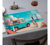 Tovagliette all'americana, una scena colorata sulla spiaggia con bambini vicino a un camion dei gelati, fiori, farfalle, tovagliette da pranzo, decorazione moderna per fattoria (4 pezzi)