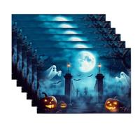Tovagliette Americane Cimitero Oscuro Lapide a forma di zucca fantasma Set di 6 Blu | Tessuto in Misto cotone-lino,morbido e resistente, lavabile, per decorare la tavola ogni giorno