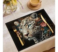 Tovagliette Americane Lavabili Ritratti Di Animali 30×45 cm Set di 4 Pezzi Riutilizzabile Tovagliette da Tavolo in Cotone Lino con Fiori, Foglie, Leopardo per Cucina e sala da pranzo Nero