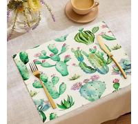 Tovagliette Americane Lavabili, Set Da 6 Pezzi In Rettangolari 45X30Cm, Decorate Con Illustrazione Botanica Cactus Ad Acquerello, Da Colazione Cena, Da Tavola In Cucina, Bar, Ristorante