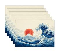 Tovagliette Americane Stile Hokusai Lavabili, Set di 4 Tovaglietta Colazione Onde Dell'Oceano in Cotone e lino Resistenti al Calore Antiscivolo Decorazione da Tavola per Feste, Blu